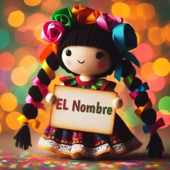 Añade tu nombre en la foto de la muñeca con cartel colorido