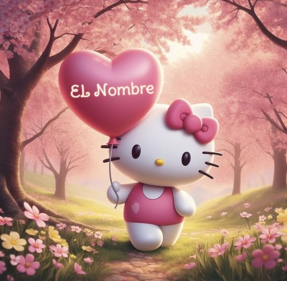 Escribe tu nombre en imagen de Hello Kitty y corazón