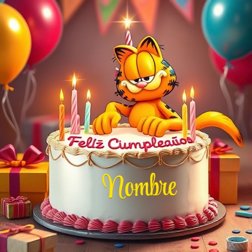 Agrega tu nombre en pastel de cumpleaños con Garfield festivo