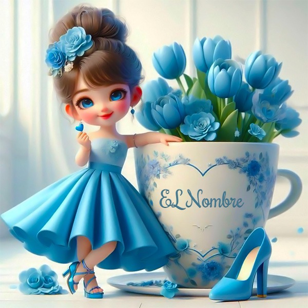 Añade tu nombre en la foto de niña con flores azules