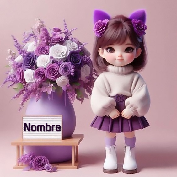 Añade tu nombre en la foto de niña con flores moradas