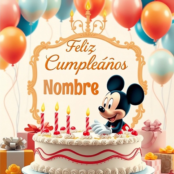 Escribe tu nombre en pastel de cumpleaños con Mickey Mouse