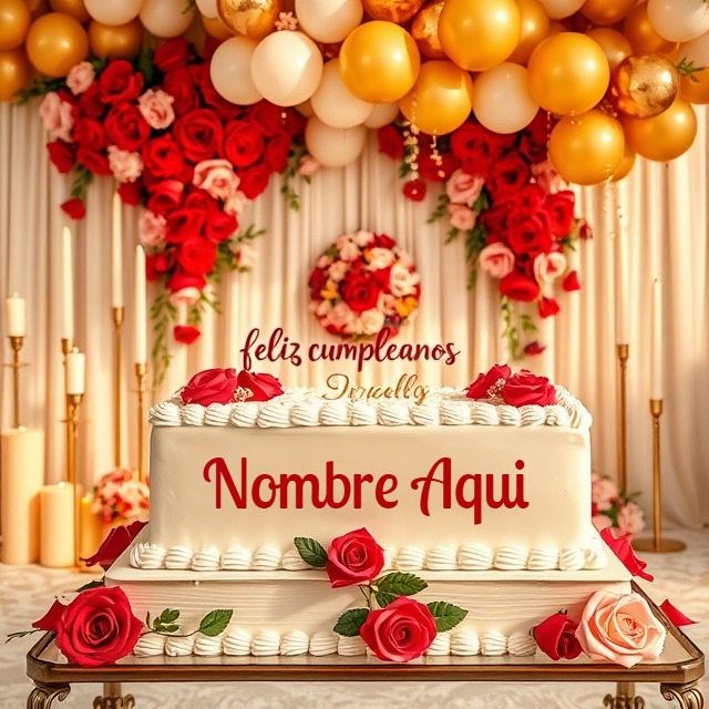 Pastel blanco con rosas y nombre personalizable