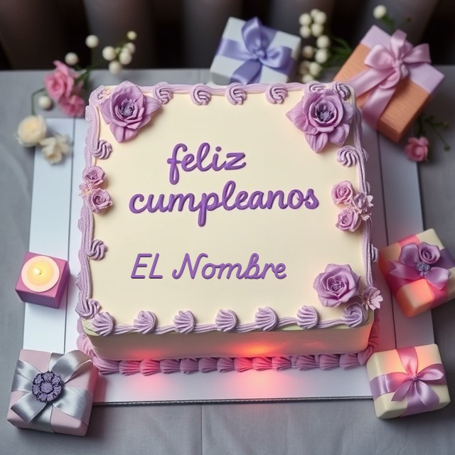 Pastel romántico con rosas moradas y nombre