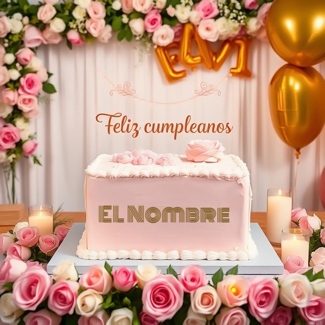 Pastel rosa con flores y nombre personalizable