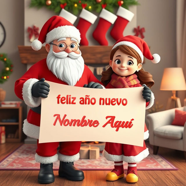 Añade tu nombre en Feliz Año Nuevo con Santa y niña