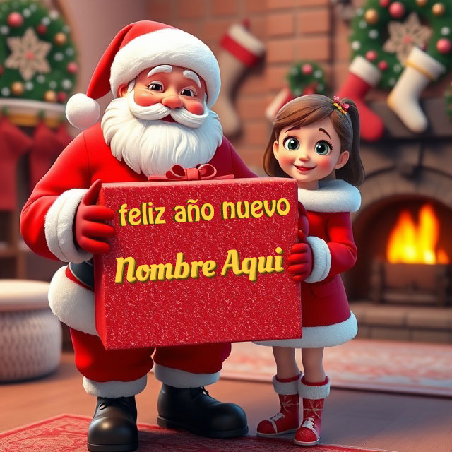 Escribe nombre en Feliz Año Nuevo con Santa y regalo