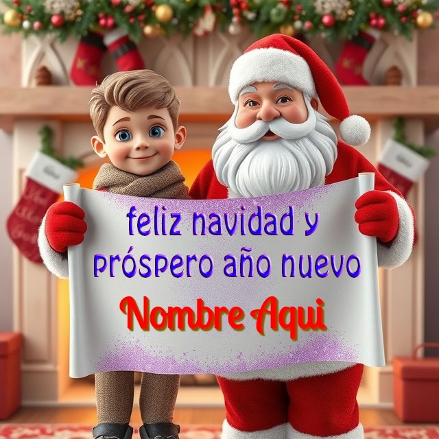 Escribir nombre en Feliz Navidad y Próspero Año Nuevo con Santa y Niño