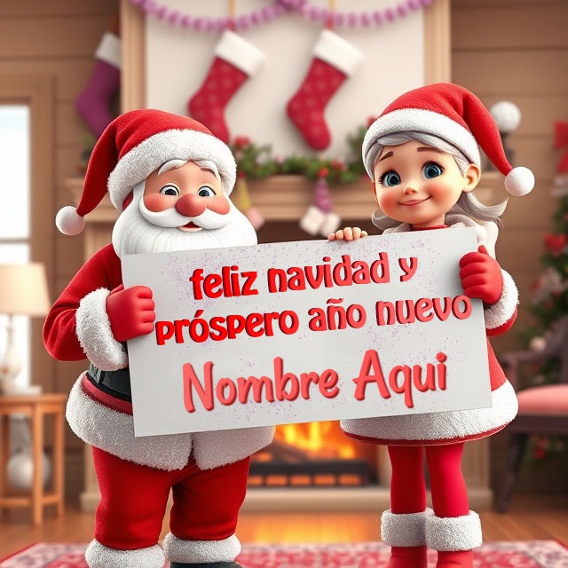 Escribir nombre en Feliz Navidad y Próspero Año Nuevo con Santa y Niña