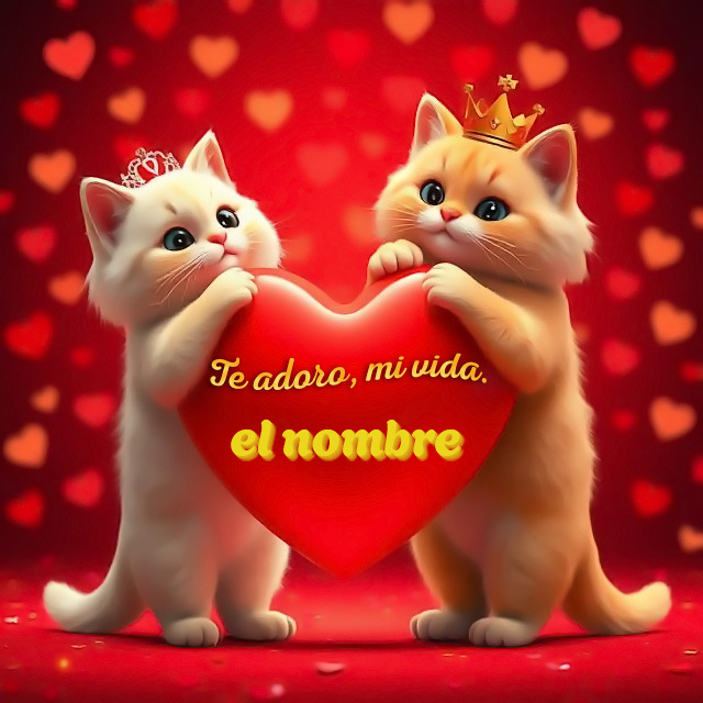 Agrega tu nombre en foto romántica con gatos reales y corazón